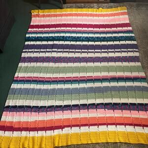 Lovely Multicolor Vintage Handmade Crochet Afghan Stripe Blanket Throw 92"x69"